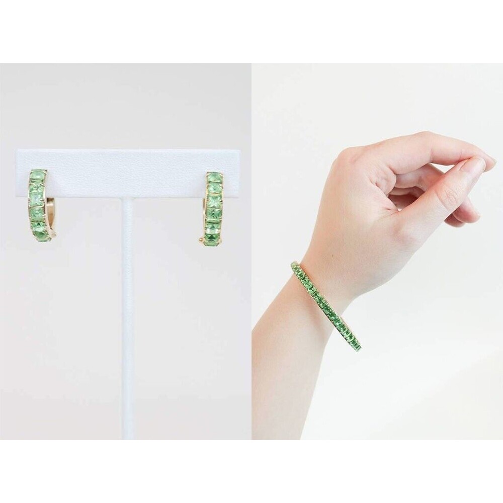 Vintage 1950s Green & Gold Rhinestone Bangle & Hoop Earrings Costume Jewelry Set